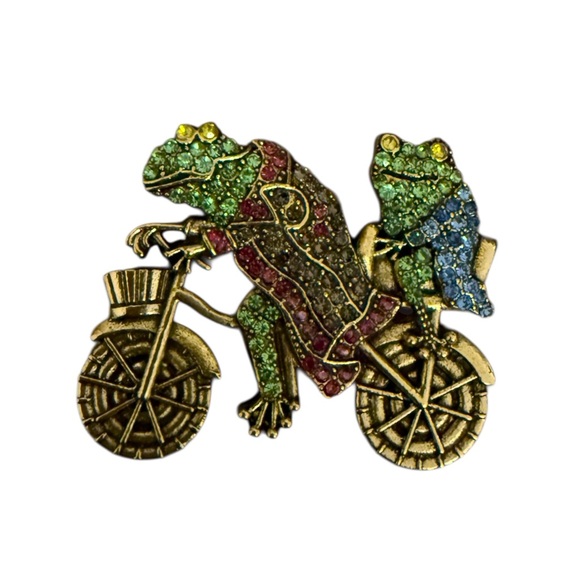 Mint Jewelry - Frog Duo Bicycle Brooch with Rhinestones in Gold Tone
